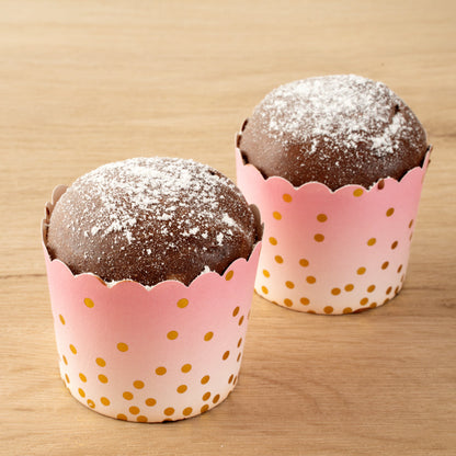 Panificio 4.5 oz Pink Paper Scalloped Baking Cup - Gold Polka Dots - 2 3/4" x 2 3/4" x 2" - 50 count box
