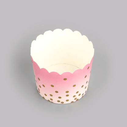 Panificio 4.5 oz Pink Paper Scalloped Baking Cup - Gold Polka Dots - 2 3/4" x 2 3/4" x 2" - 50 count box