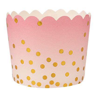 Panificio 4.5 oz Pink Paper Scalloped Baking Cup - Gold Polka Dots - 2 3/4" x 2 3/4" x 2" - 50 count box