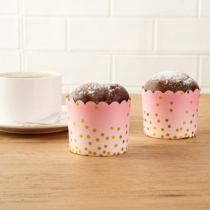 Panificio 4.5 oz Pink Paper Scalloped Baking Cup - Gold Polka Dots - 2 3/4" x 2 3/4" x 2" - 50 count box