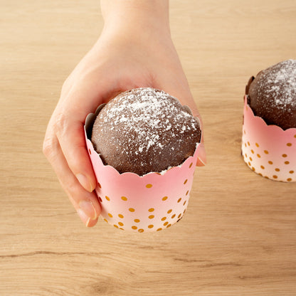 Panificio 4.5 oz Pink Paper Scalloped Baking Cup - Gold Polka Dots - 2 3/4" x 2 3/4" x 2" - 50 count box