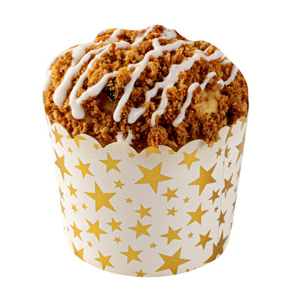 Panificio 4.5 oz White Paper Scalloped Baking Cup - Gold Stars - 2 3/4" x 2 3/4" x 2" - 50 count box