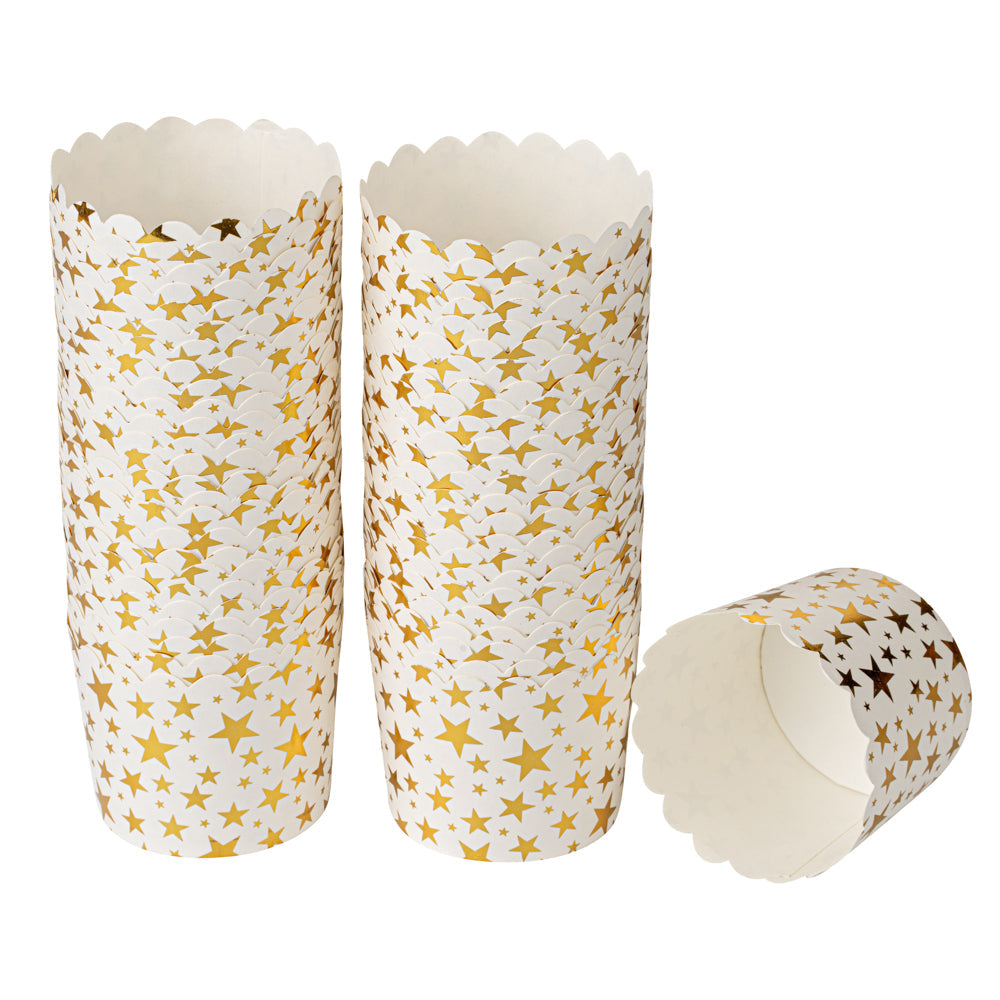 Panificio 4.5 oz White Paper Scalloped Baking Cup - Gold Stars - 2 3/4" x 2 3/4" x 2" - 50 count box