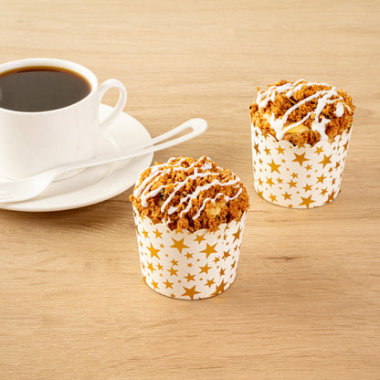 Panificio 4.5 oz White Paper Scalloped Baking Cup - Gold Stars - 2 3/4" x 2 3/4" x 2" - 50 count box