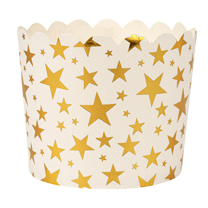 Panificio 4.5 oz White Paper Scalloped Baking Cup - Gold Stars - 2 3/4" x 2 3/4" x 2" - 50 count box