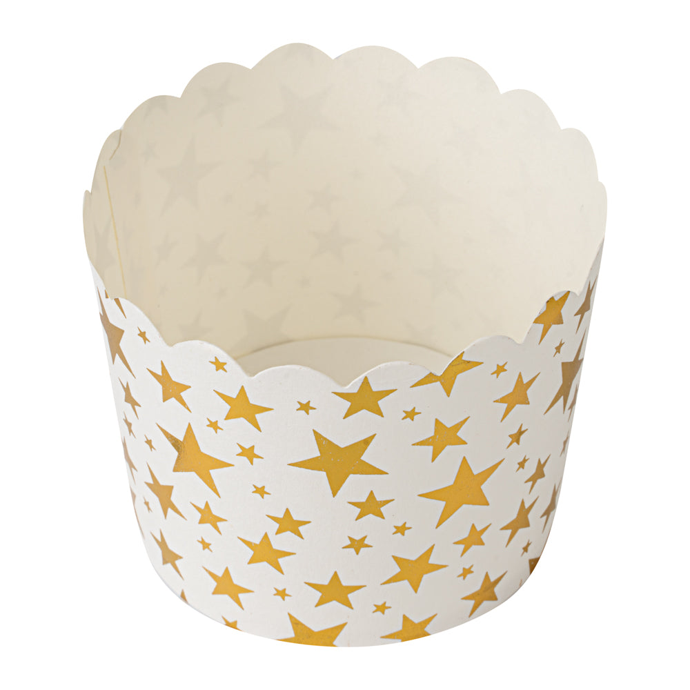 Panificio 4.5 oz White Paper Scalloped Baking Cup - Gold Stars - 2 3/4" x 2 3/4" x 2" - 500 count box