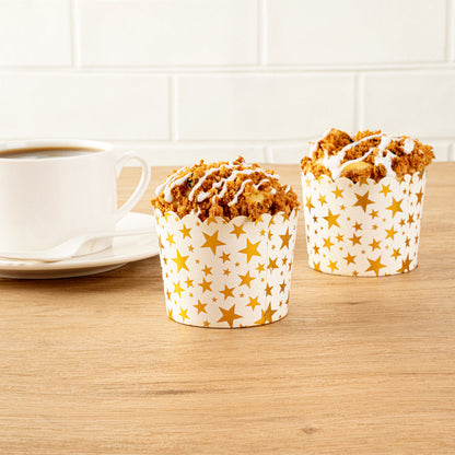 Panificio 4.5 oz White Paper Scalloped Baking Cup - Gold Stars - 2 3/4" x 2 3/4" x 2" - 500 count box