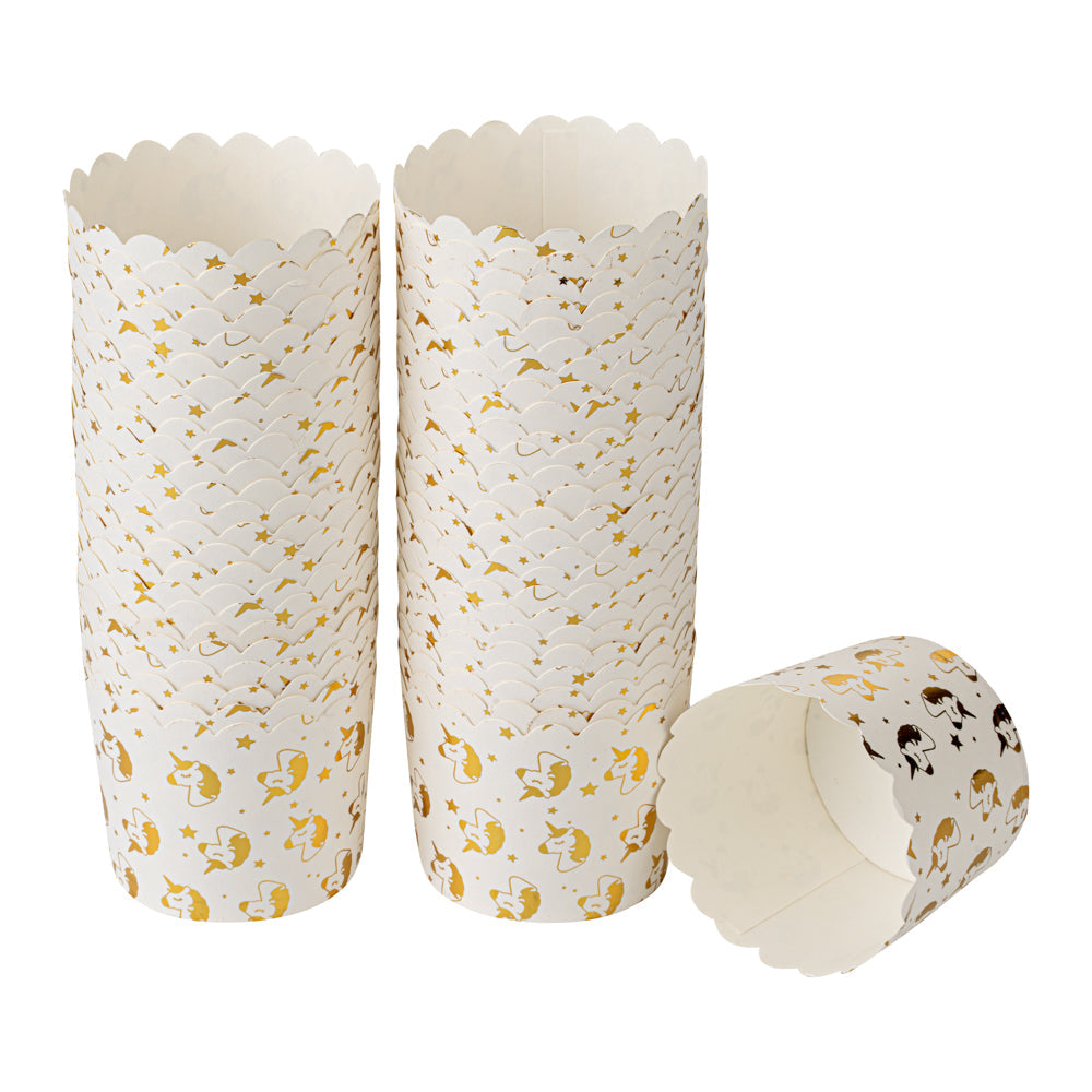 Panificio 4.5 oz White Paper Scalloped Baking Cup - Gold Unicorns - 2 3/4" x 2 3/4" x 2" - 50 count box