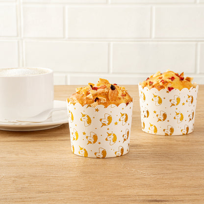 Panificio 4.5 oz White Paper Scalloped Baking Cup - Gold Unicorns - 2 3/4" x 2 3/4" x 2" - 50 count box