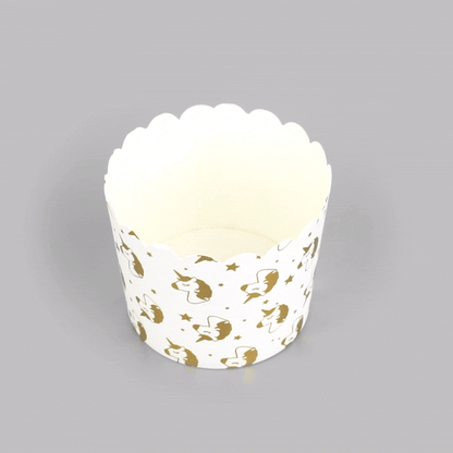 Panificio 4.5 oz White Paper Scalloped Baking Cup - Gold Unicorns - 2 3/4" x 2 3/4" x 2" - 50 count box