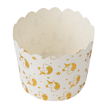 Panificio 4.5 oz White Paper Scalloped Baking Cup - Gold Unicorns - 2 3/4" x 2 3/4" x 2" - 50 count box