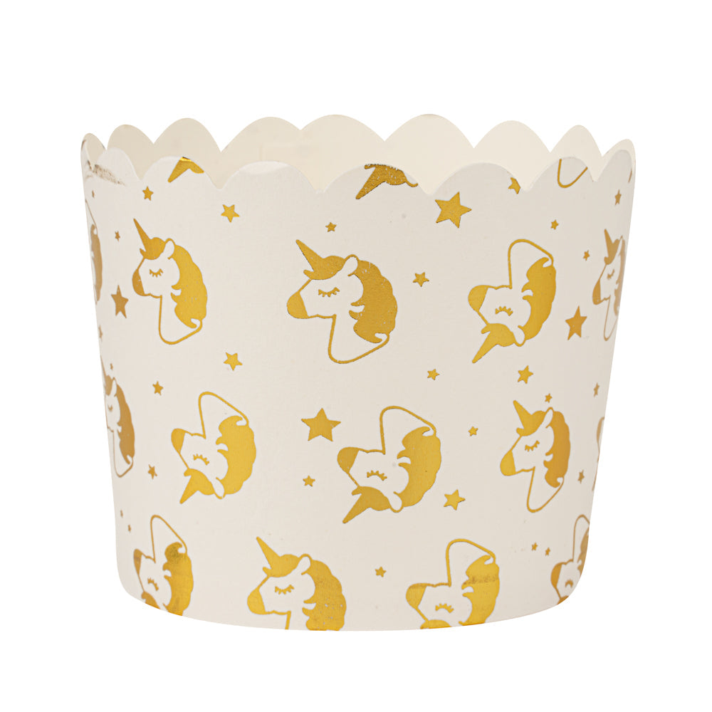 Panificio 4.5 oz White Paper Scalloped Baking Cup - Gold Unicorns - 2 3/4" x 2 3/4" x 2" - 50 count box