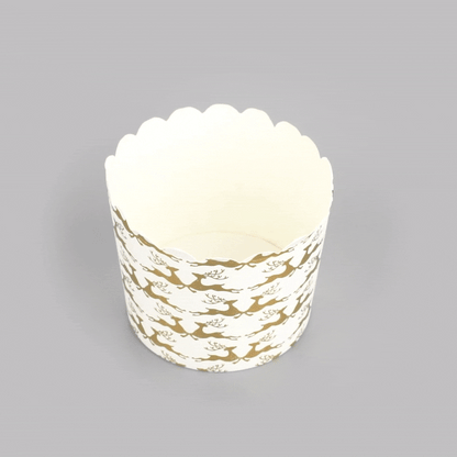 Panificio 4.5 oz White Paper Scalloped Baking Cup - Gold Reindeer - 2 3/4" x 2 3/4" x 2" - 50 count box