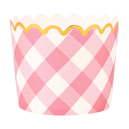 Panificio 4.5 oz Pink Plaid Paper Scalloped Baking Cup - Gold Rim - 2 3/4" x 2 3/4" x 2" - 50 count box
