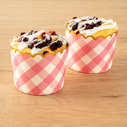 Panificio 4.5 oz Pink Plaid Paper Scalloped Baking Cup - Gold Rim - 2 3/4" x 2 3/4" x 2" - 50 count box