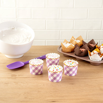 Panificio 4.5 oz Purple Plaid Paper Scalloped Baking Cup - Gold Rim - 2 3/4" x 2 3/4" x 2" - 500 count box