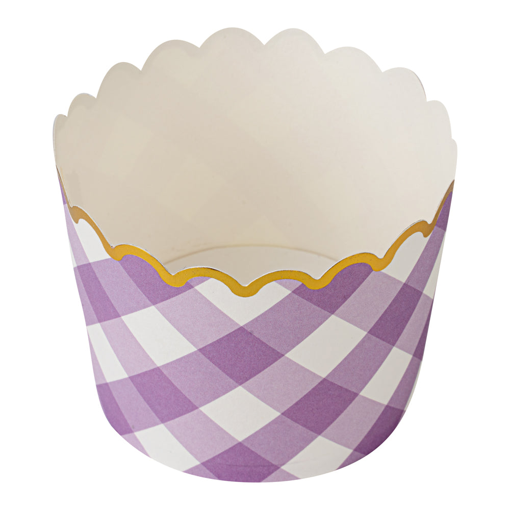 Panificio 4.5 oz Purple Plaid Paper Scalloped Baking Cup - Gold Rim - 2 3/4" x 2 3/4" x 2" - 50 count box