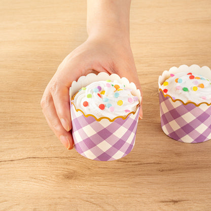 Panificio 4.5 oz Purple Plaid Paper Scalloped Baking Cup - Gold Rim - 2 3/4" x 2 3/4" x 2" - 50 count box