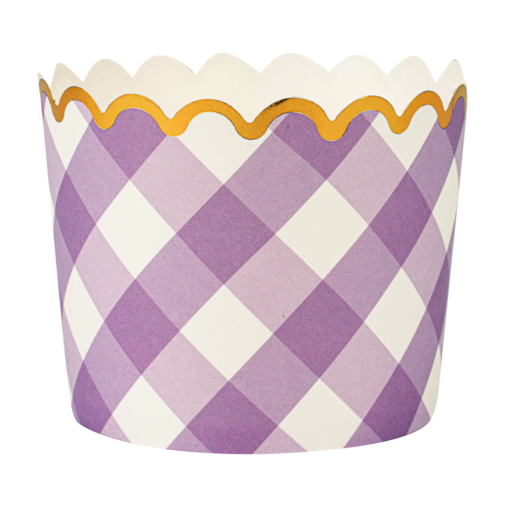 Panificio 4.5 oz Purple Plaid Paper Scalloped Baking Cup - Gold Rim - 2 3/4" x 2 3/4" x 2" - 500 count box