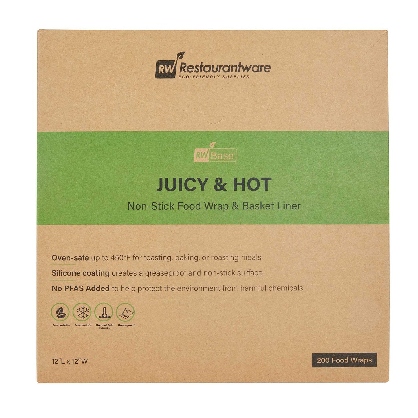 Chef 101 No PFAS Added Kraft Paper Burger Wrap and Fry Basket Liner - Juicy and Hot, Greaseproof, Compostable - 12" x 12" - 200 count box