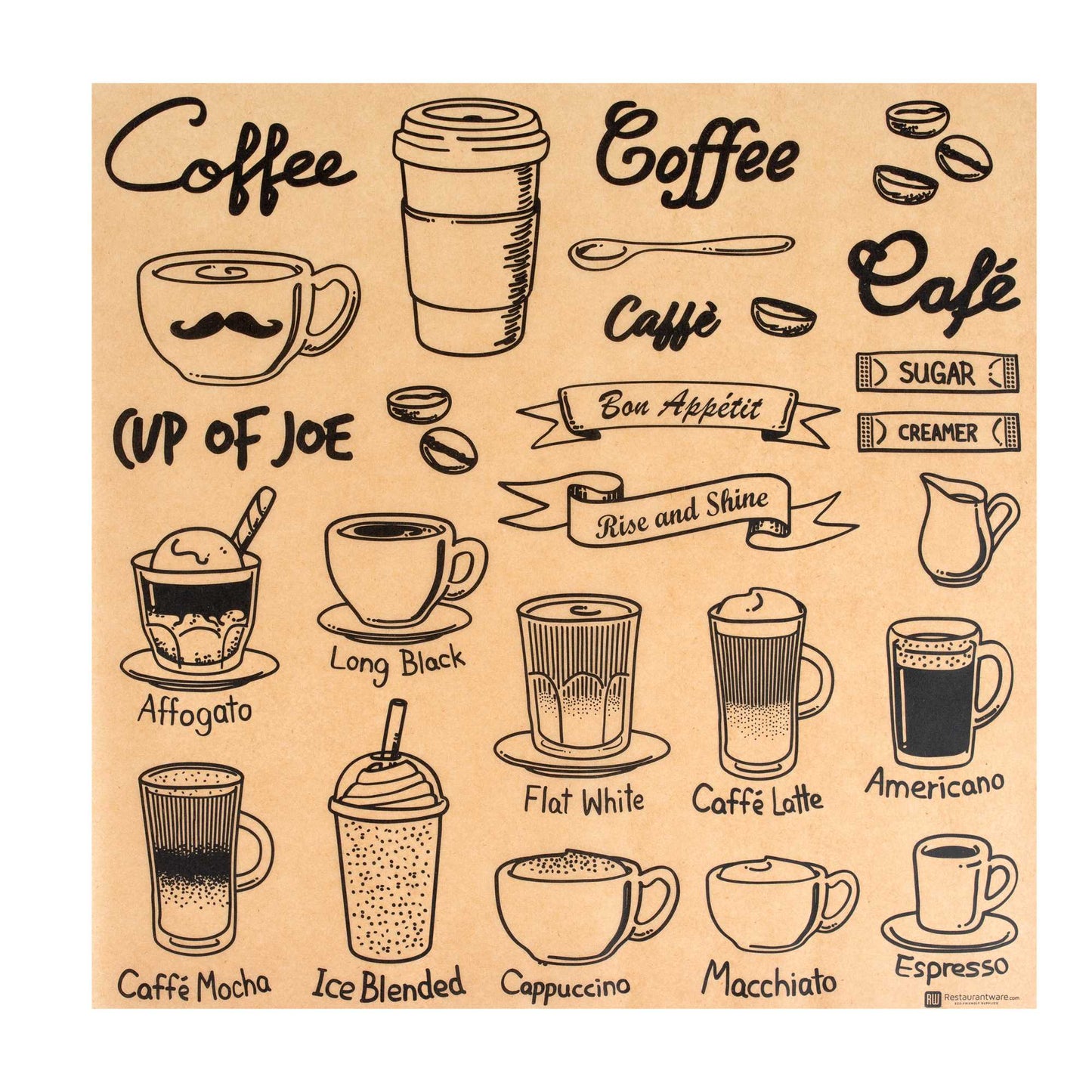 Chef 101 No PFAS Added Kraft Paper Coffee Shop Wrap and Pastry Liner - Cup of Joe, Greaseproof - 12" x 12" - 2000 count box