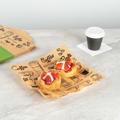 Chef 101 No PFAS Added Kraft Paper Coffee Shop Wrap and Pastry Liner - Cup of Joe, Greaseproof - 12" x 12" - 2000 count box