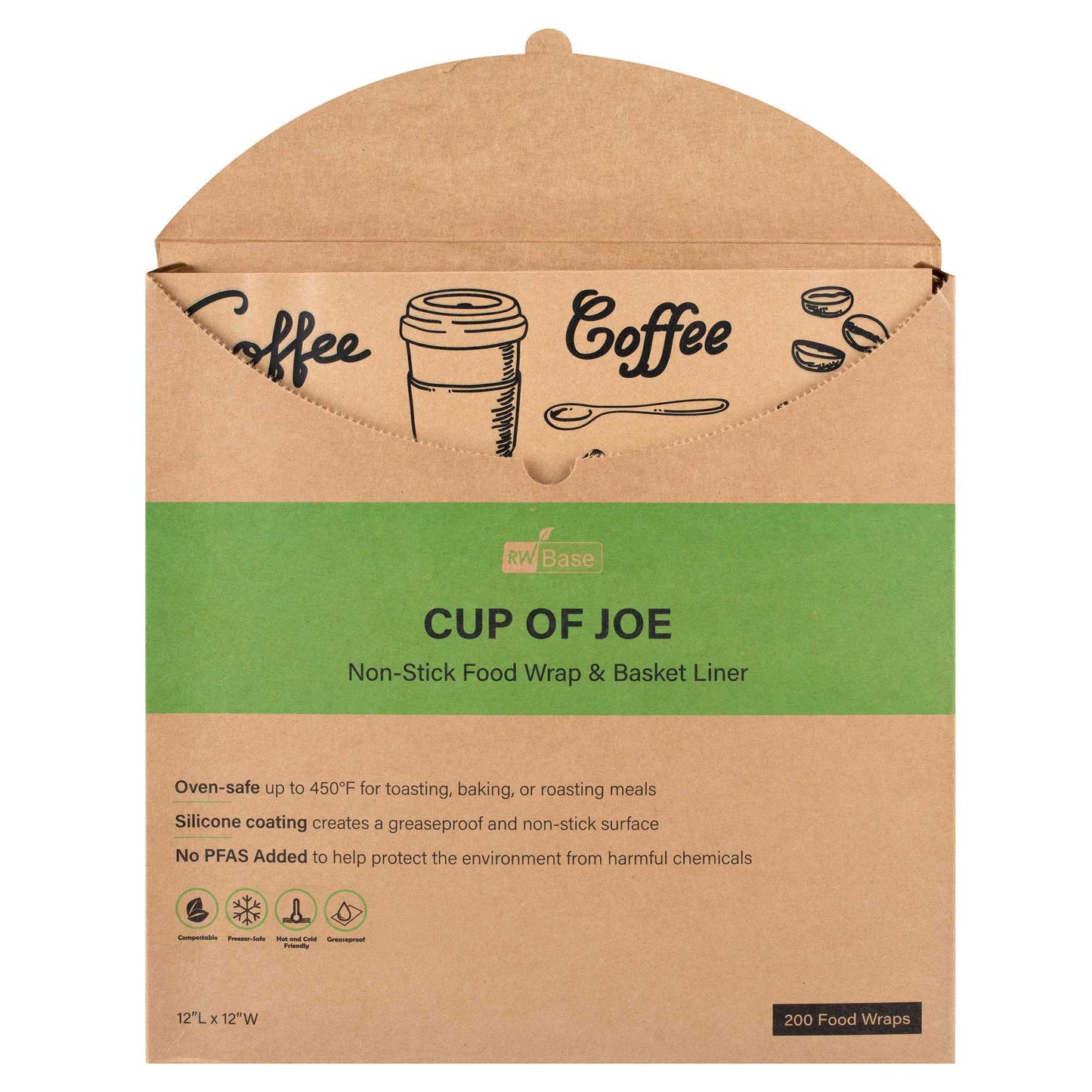 Chef 101 No PFAS Added Kraft Paper Coffee Shop Wrap and Pastry Liner - Cup of Joe, Greaseproof - 12" x 12" - 2000 count box