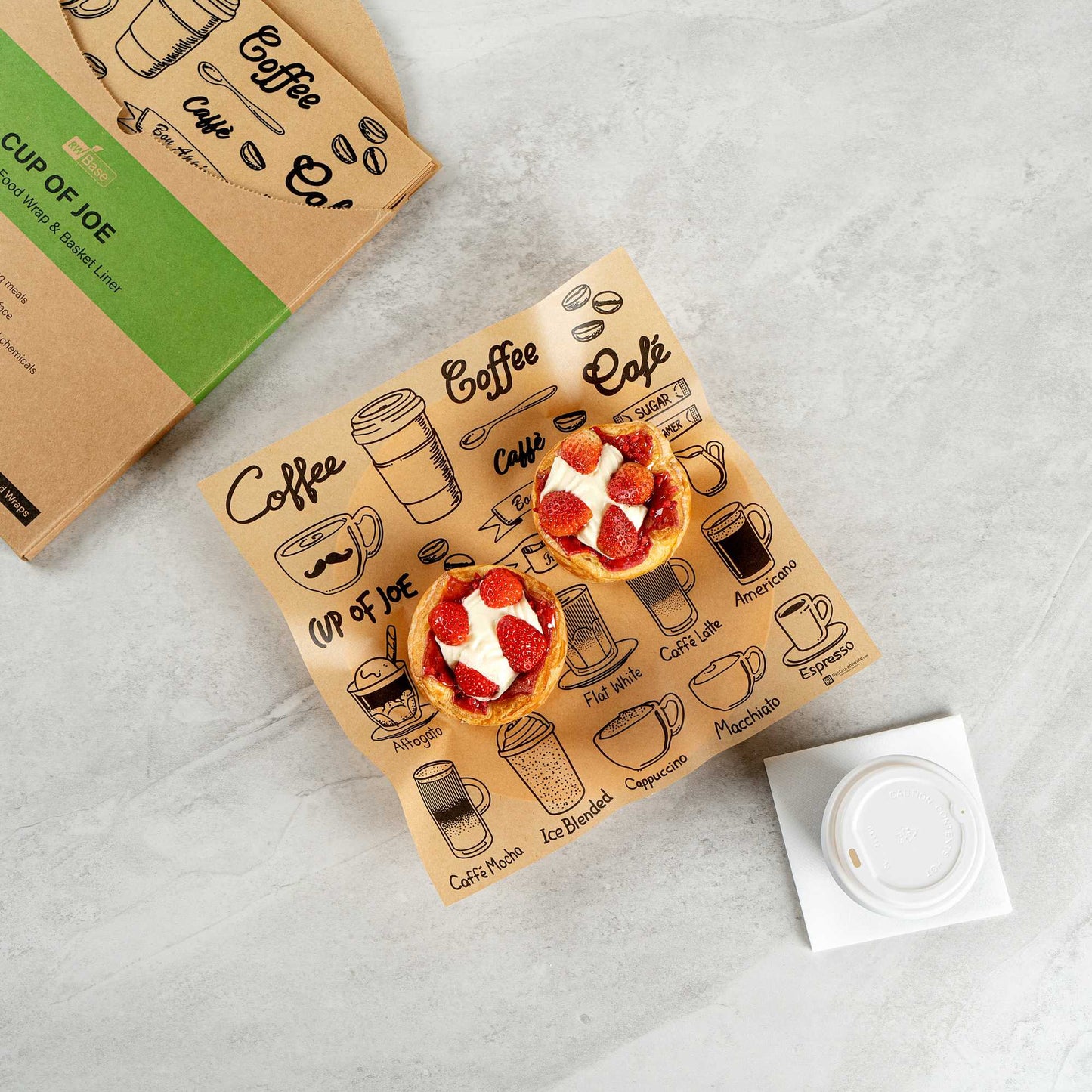 Chef 101 No PFAS Added Kraft Paper Coffee Shop Wrap and Pastry Liner - Cup of Joe, Greaseproof - 12" x 12" - 2000 count box