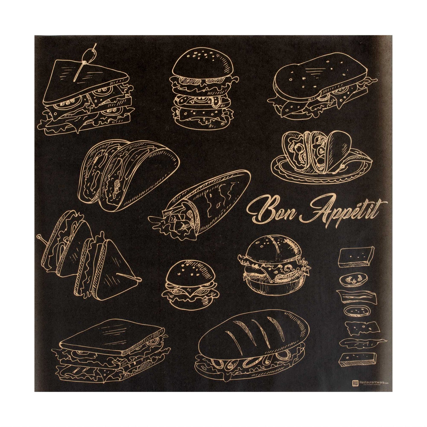 Chef 101 No PFAS Added Black Paper Bakery Wrap and Basket Liner - Bon Appetit, Greaseproof - 12" x 12" - 2000 count box