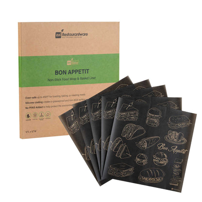 Chef 101 No PFAS Added Black Paper Bakery Wrap and Basket Liner - Bon Appetit, Greaseproof - 12" x 12" - 200 count box