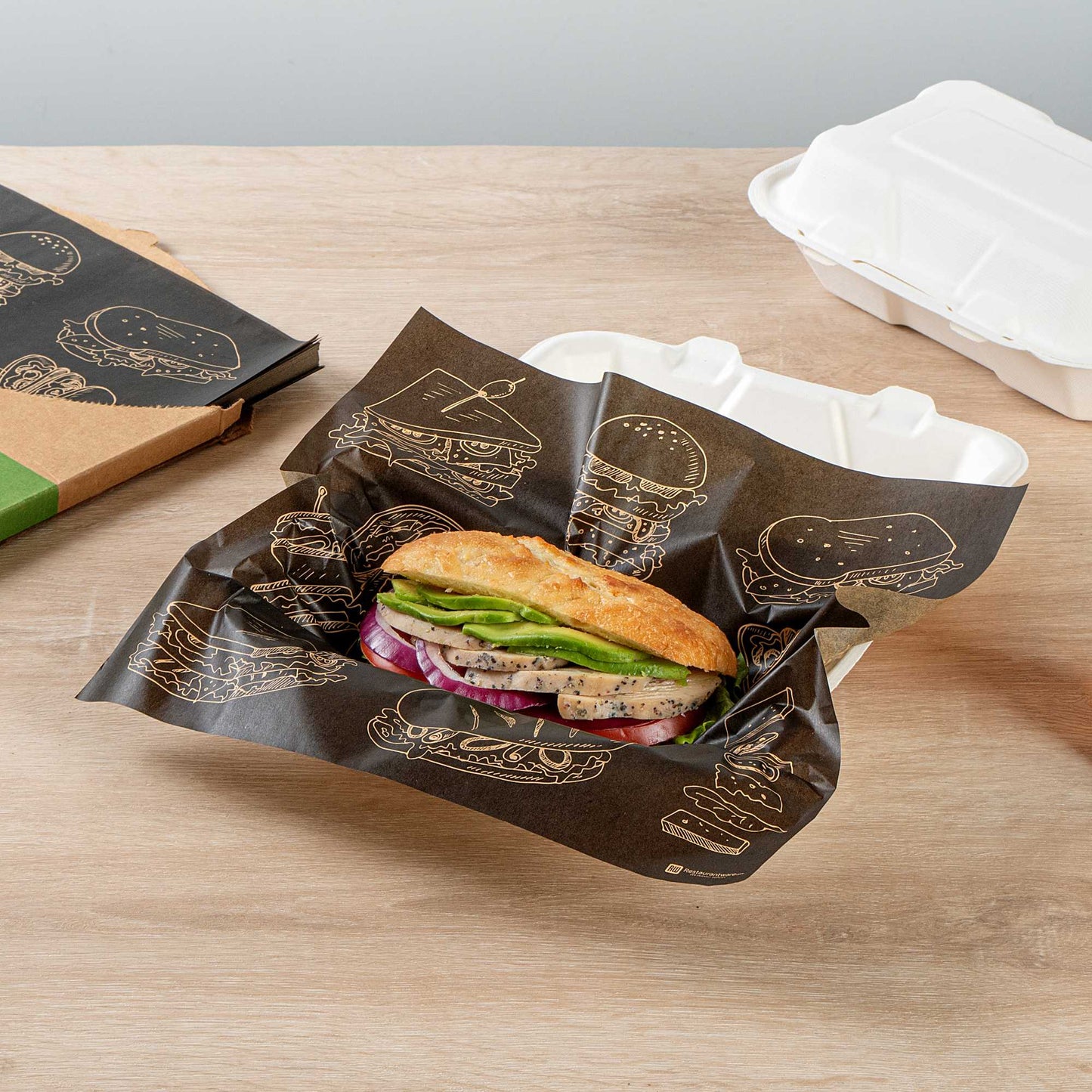 Chef 101 No PFAS Added Black Paper Bakery Wrap and Basket Liner - Bon Appetit, Greaseproof - 12" x 12" - 200 count box