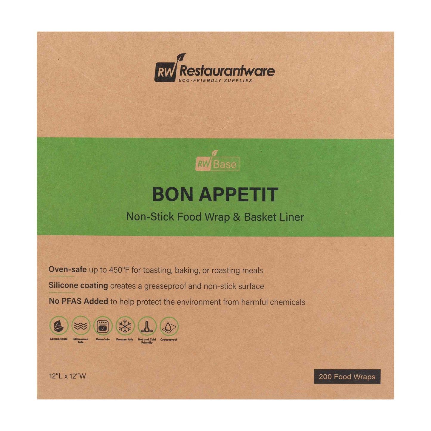 Chef 101 No PFAS Added Black Paper Bakery Wrap and Basket Liner - Bon Appetit, Greaseproof - 12" x 12" - 200 count box
