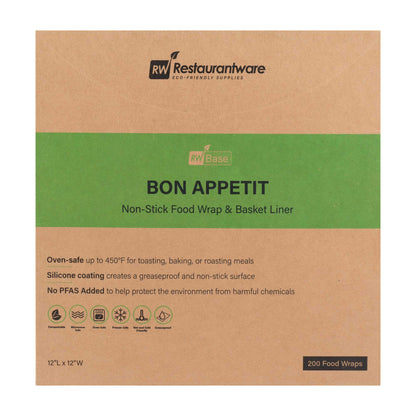 Chef 101 No PFAS Added Black Paper Bakery Wrap and Basket Liner - Bon Appetit, Greaseproof - 12" x 12" - 200 count box
