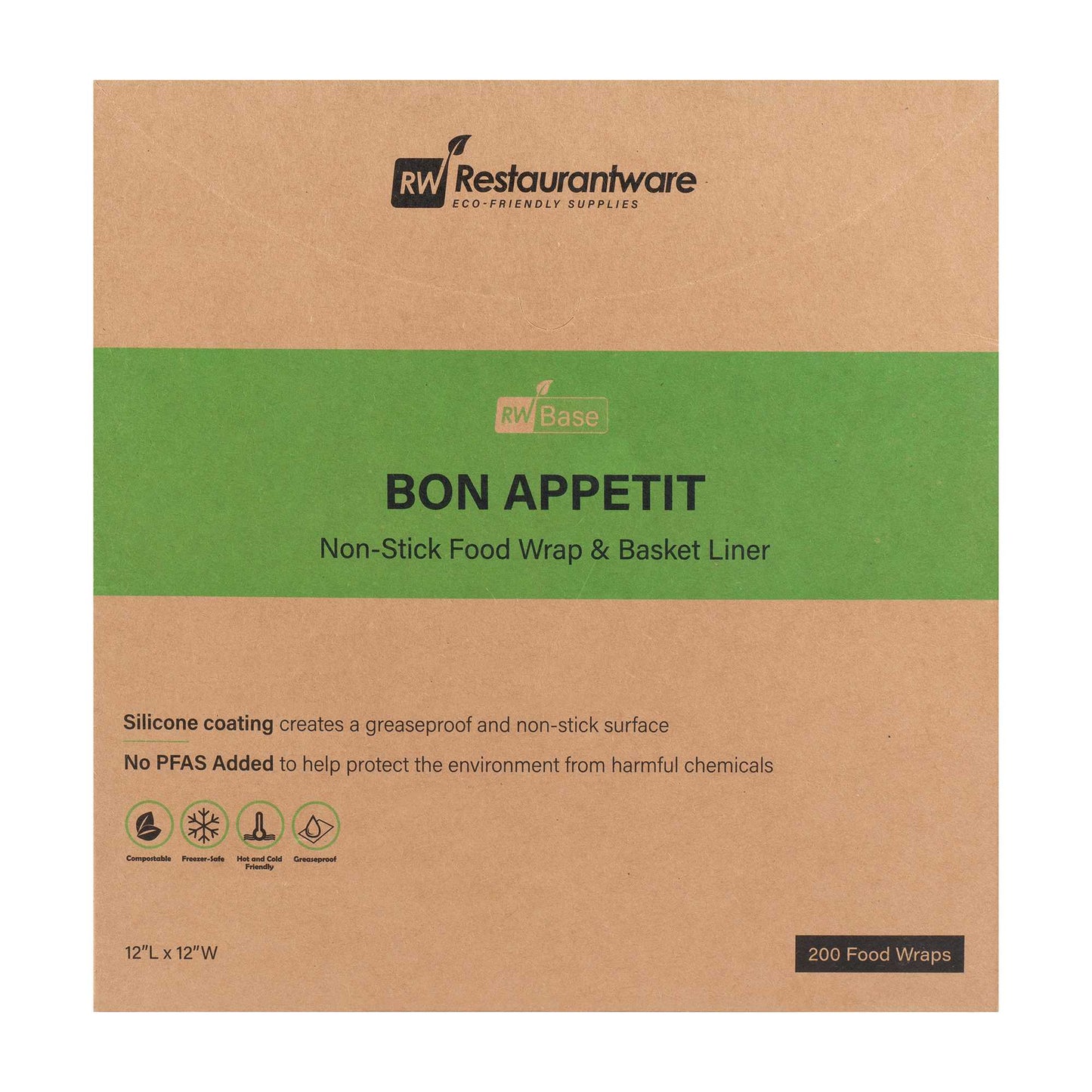 Chef 101 No PFAS Added Black Paper Bakery Wrap and Basket Liner - Bon Appetit, Greaseproof - 12" x 12" - 200 count box