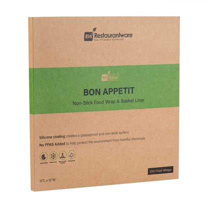 Chef 101 No PFAS Added Black Paper Bakery Wrap and Basket Liner - Bon Appetit, Greaseproof - 12" x 12" - 200 count box