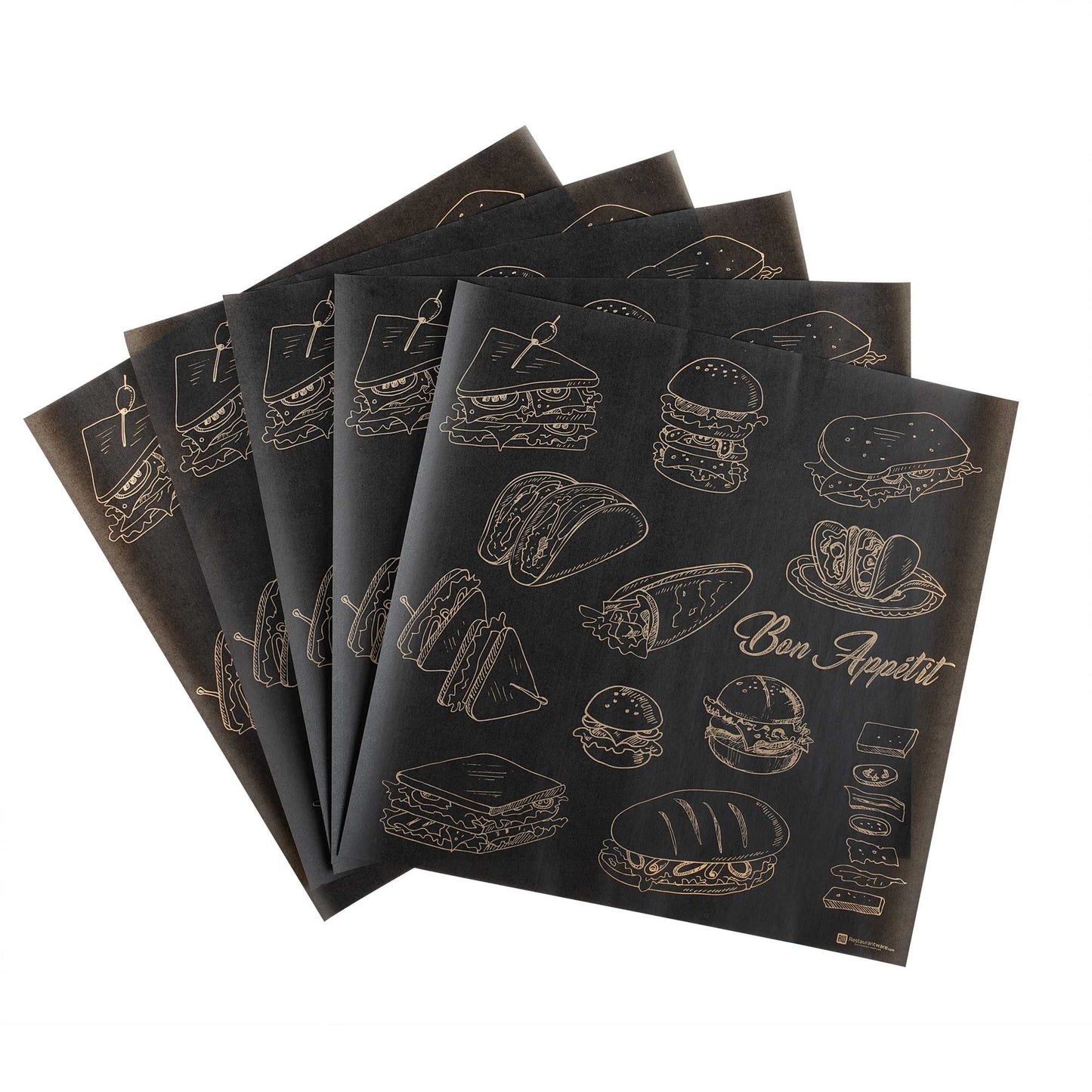 Chef 101 No PFAS Added Black Paper Bakery Wrap and Basket Liner - Bon Appetit, Greaseproof - 12" x 12" - 200 count box