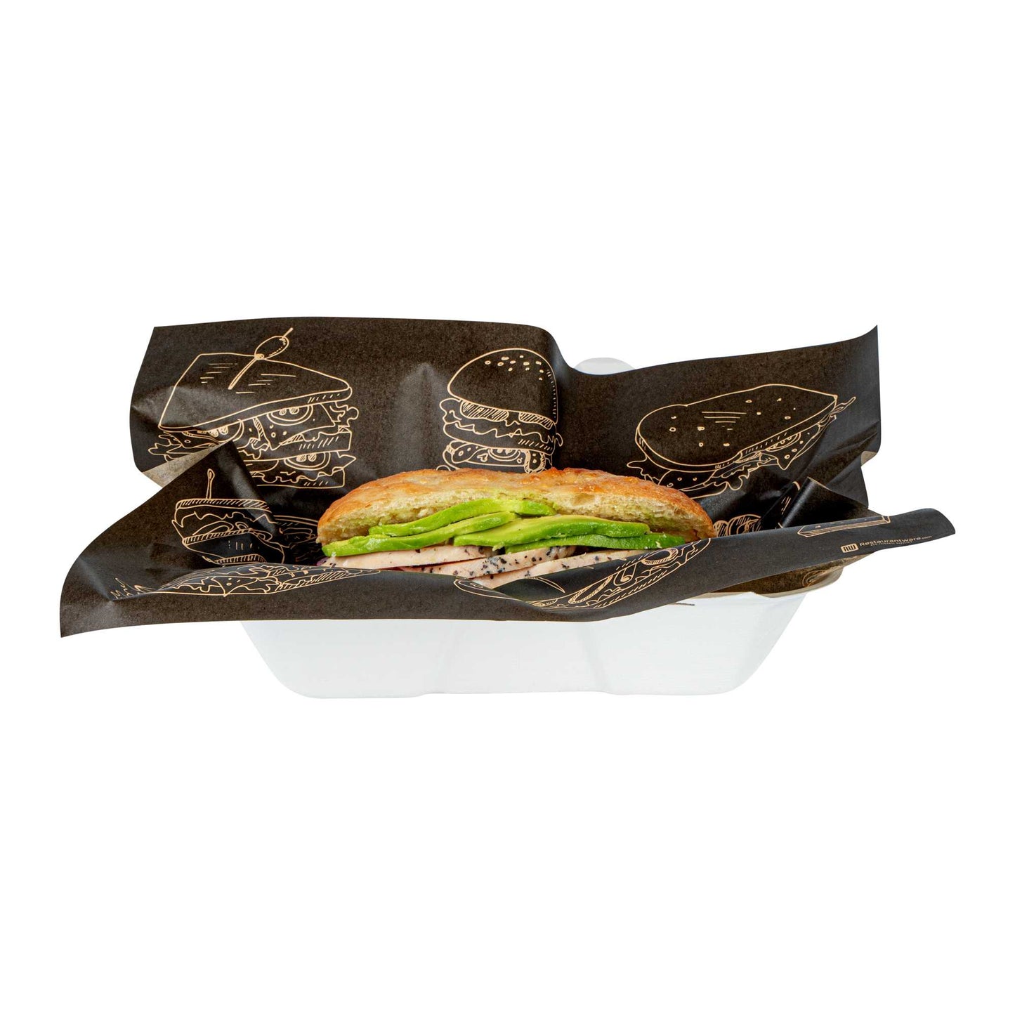 Chef 101 No PFAS Added Black Paper Bakery Wrap and Basket Liner - Bon Appetit, Greaseproof - 12" x 12" - 2000 count box