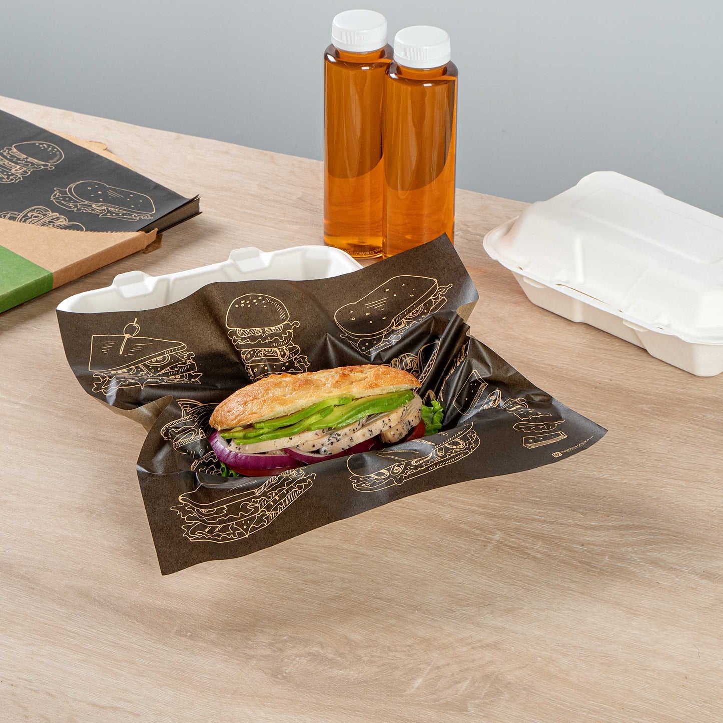 Chef 101 No PFAS Added Black Paper Bakery Wrap and Basket Liner - Bon Appetit, Greaseproof - 12" x 12" - 2000 count box