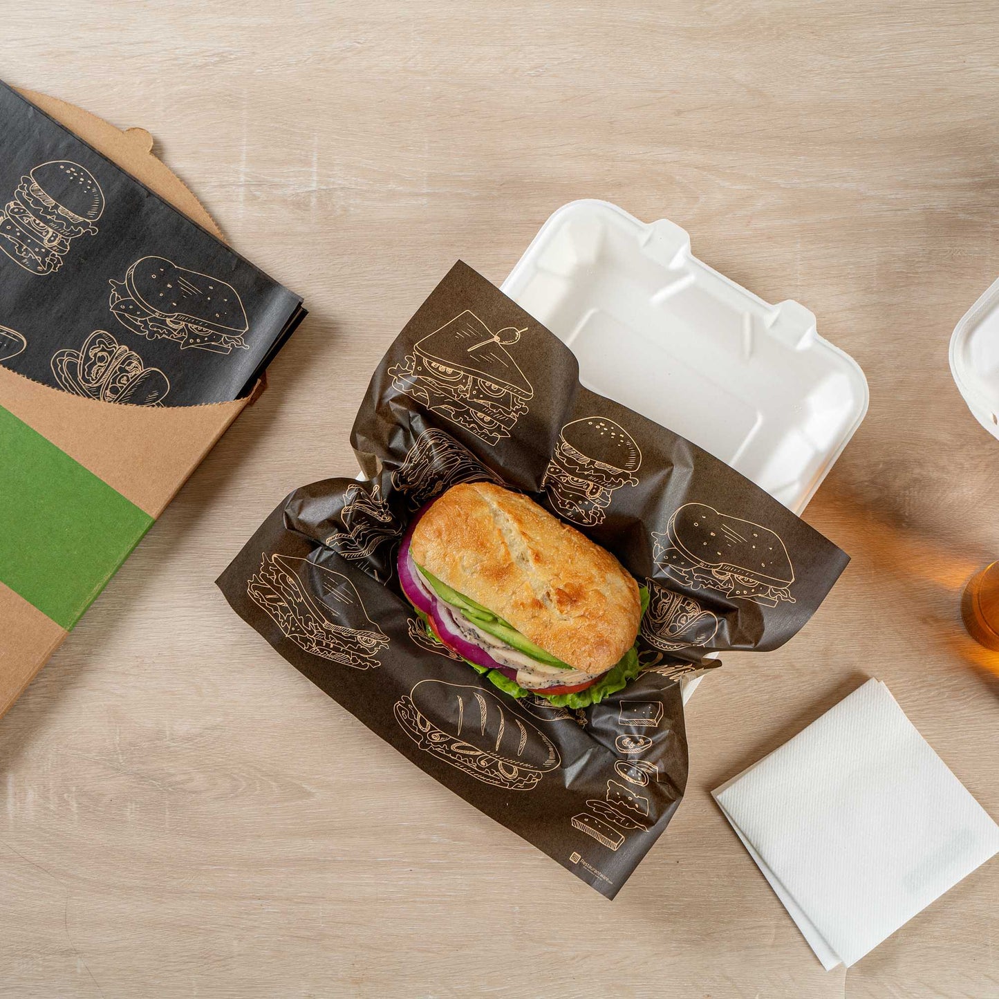 Chef 101 No PFAS Added Black Paper Bakery Wrap and Basket Liner - Bon Appetit, Greaseproof - 12" x 12" - 2000 count box