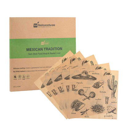 Chef 101 No PFAS Added Kraft Paper Taco Wrap and Chip Liner - Mexican Tradition, Greaseproof - 12" x 12" - 2000 count box