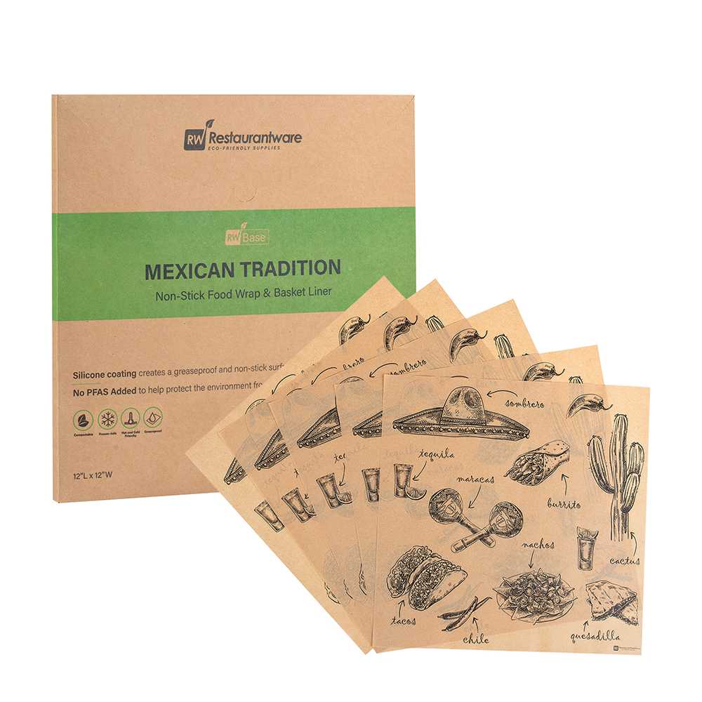 Chef 101 No PFAS Added Kraft Paper Taco Wrap and Chip Liner - Mexican Tradition, Greaseproof - 12" x 12" - 200 count box