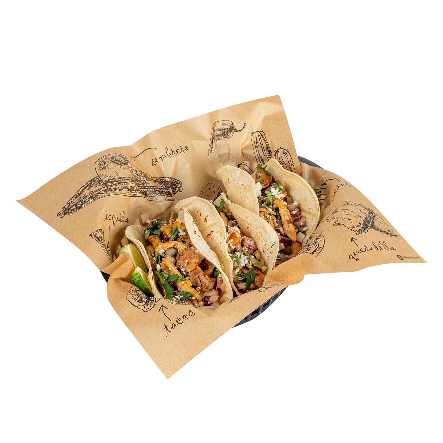 Chef 101 No PFAS Added Kraft Paper Taco Wrap and Chip Liner - Mexican Tradition, Greaseproof - 12" x 12" - 200 count box