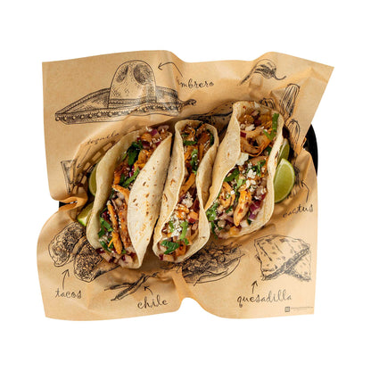 Chef 101 No PFAS Added Kraft Paper Taco Wrap and Chip Liner - Mexican Tradition, Greaseproof - 12" x 12" - 200 count box