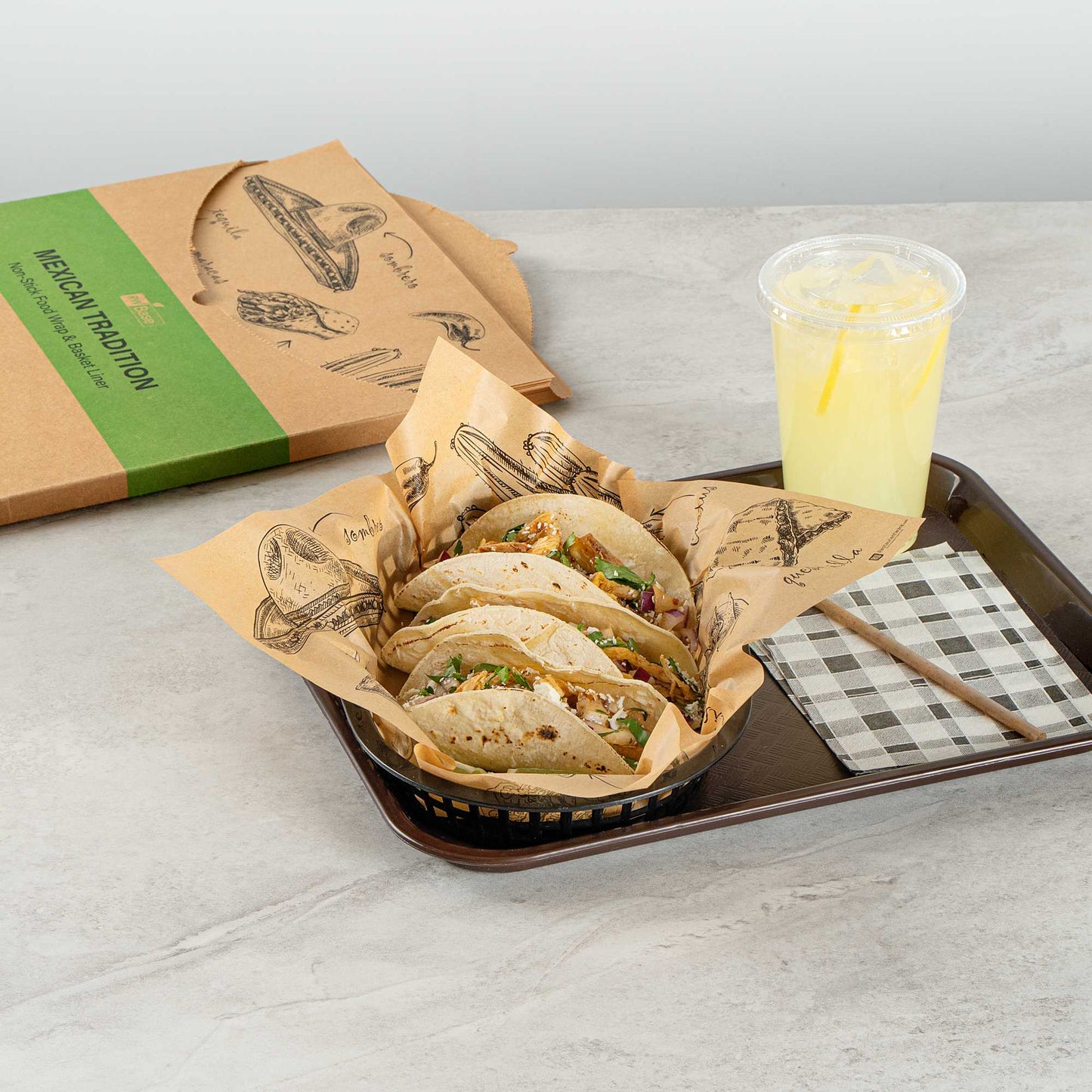 Chef 101 No PFAS Added Kraft Paper Taco Wrap and Chip Liner - Mexican Tradition, Greaseproof - 12" x 12" - 2000 count box