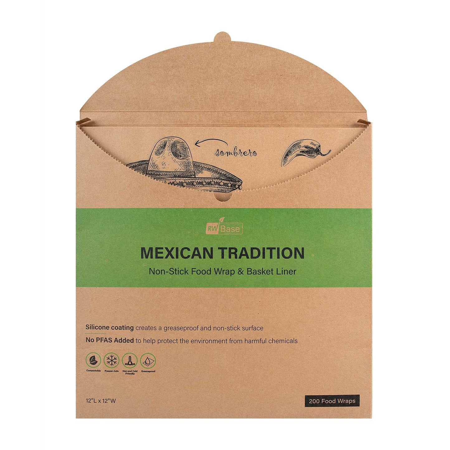 Chef 101 No PFAS Added Kraft Paper Taco Wrap and Chip Liner - Mexican Tradition, Greaseproof - 12" x 12" - 2000 count box