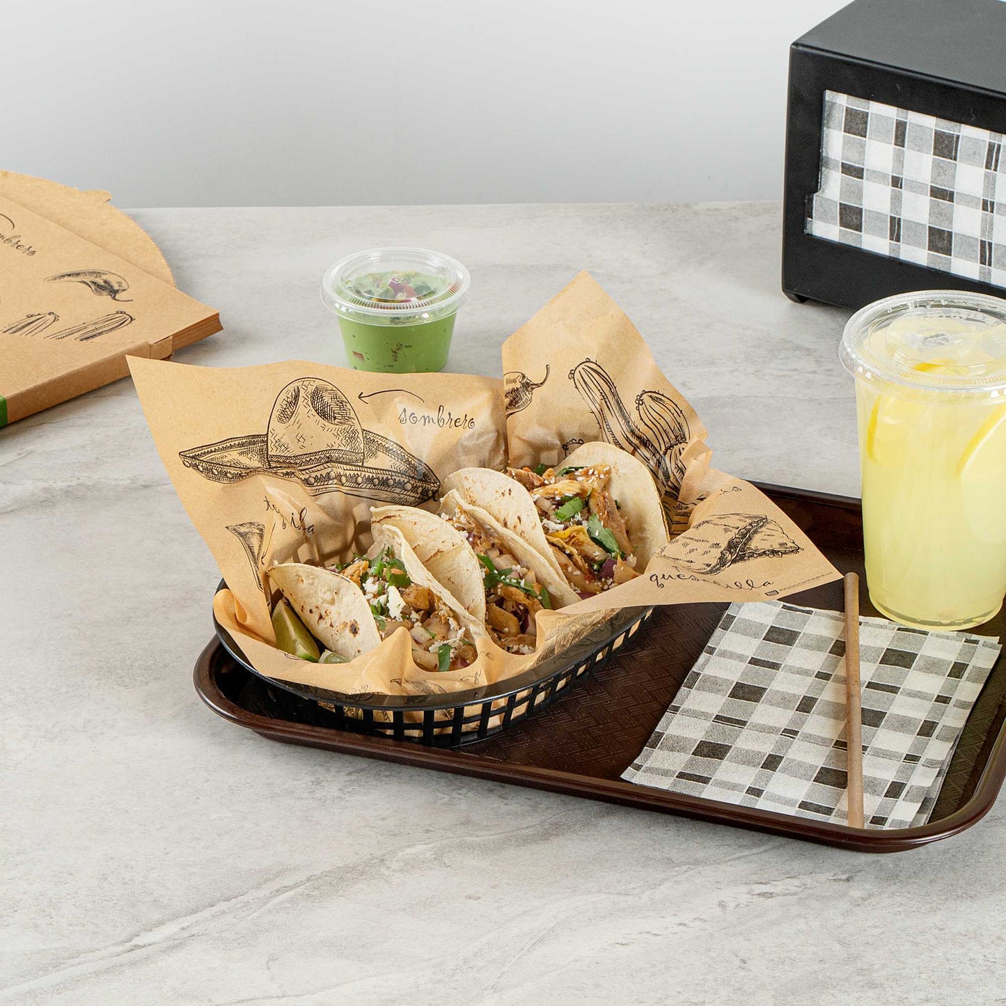 Chef 101 No PFAS Added Kraft Paper Taco Wrap and Chip Liner - Mexican Tradition, Greaseproof - 12" x 12" - 2000 count box