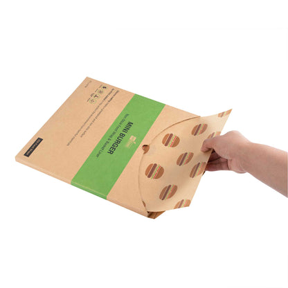 Chef 101 No PFAS Added Kraft Paper Food Wrap and Fry Basket Liner - Mini Burger, Greaseproof - 12" x 12" - 200 count box