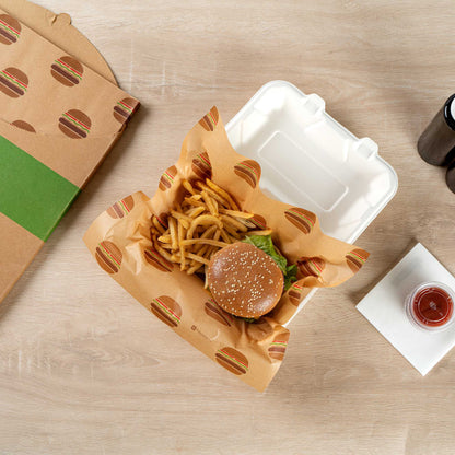 Chef 101 No PFAS Added Kraft Paper Food Wrap and Fry Basket Liner - Mini Burger, Greaseproof - 12" x 12" - 2000 count box