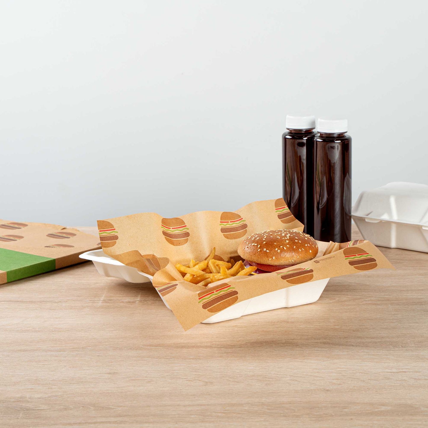 Chef 101 No PFAS Added Kraft Paper Food Wrap and Fry Basket Liner - Mini Burger, Greaseproof - 12" x 12" - 2000 count box