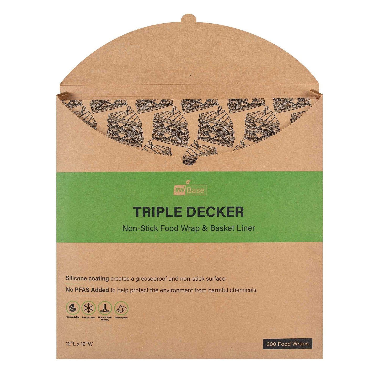 Chef 101 No PFAS Added Kraft Paper Sandwich Wrap and Fry Basket Liner - Triple Decker, Greaseproof - 12" x 12" - 2000 count box